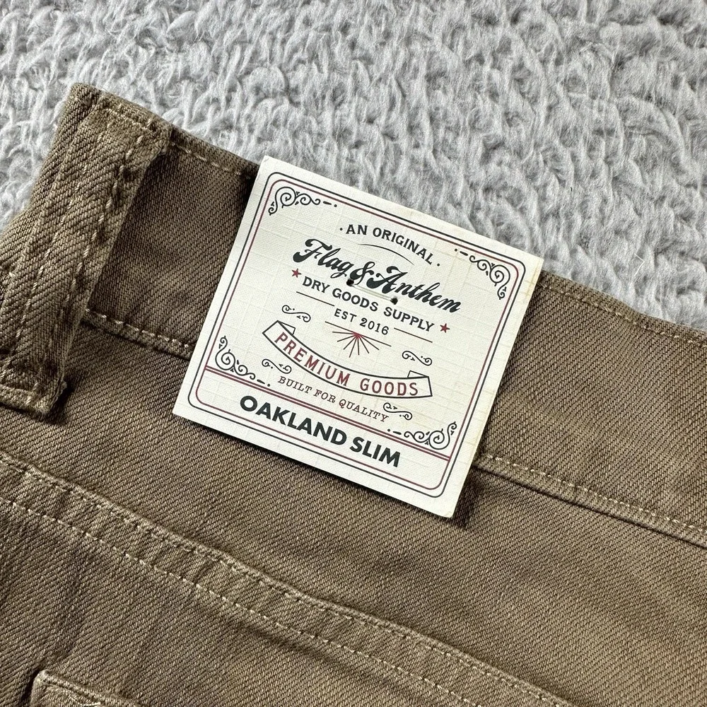 Flag and Anthem Chino Jean Pants Mens 42x34 Tan Brown Stretch Oakland Slim NWT‎